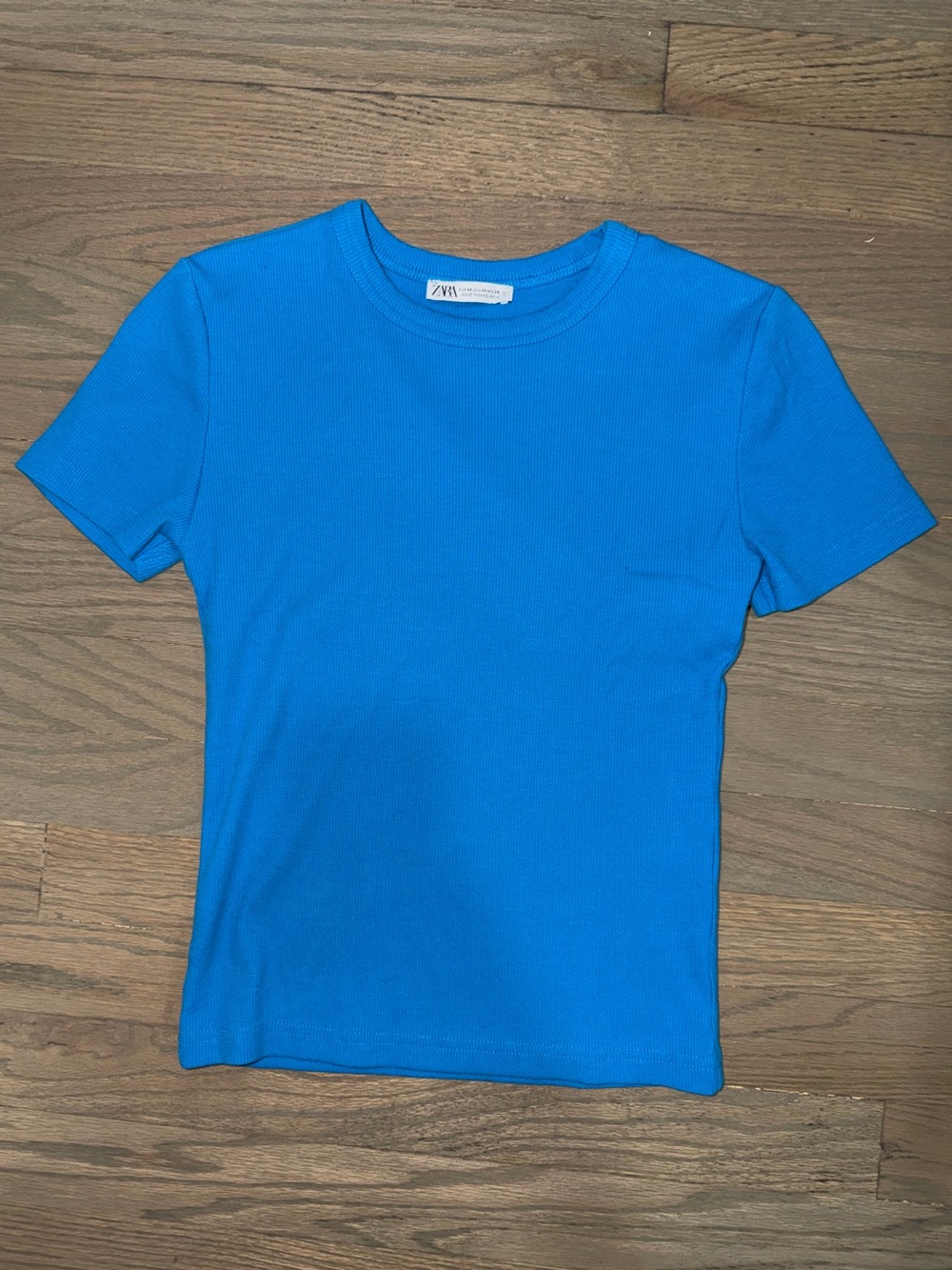 Zara Bright Blue Ribbed Short Sleeve Top